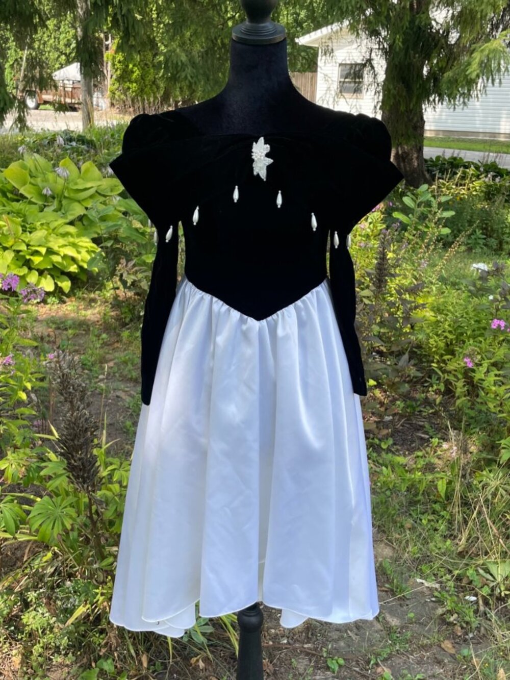 Vintage 80s Dress Black Velvet Chiffon Beaded Off Shoulder Formal XS Handmade